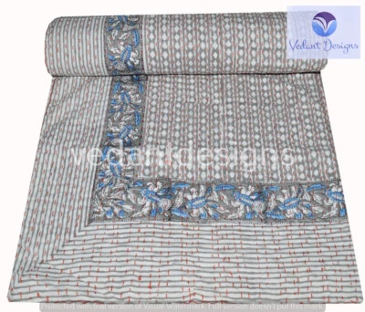 Indian Polka dot Queen Kantha Handmade Quilt Cotton Bed Cover Throw - Image 1 of 4