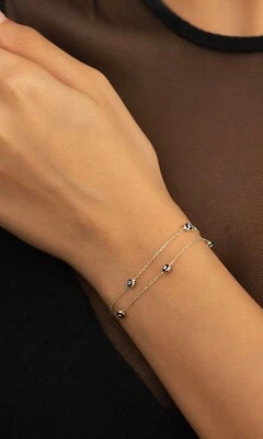14K Solid Gold Double Strand Evil Eye Murano Glass Station Bracelet For Women - Image 1 of 4
