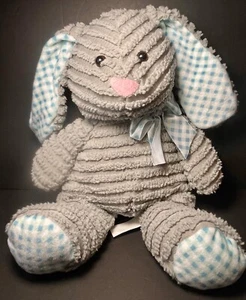 Hugfun grauer Hase Kaninchen Plüsch Chenille 14 Zoll Gingham Ohren Füße blaue Schleife harte Augen - Bild 1 von 17
