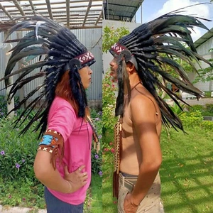 Handmade Native American Feather Headdress Carnival Cosplay Headdress Chief hat - Picture 1 of 22