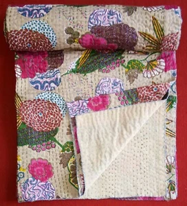 Art Cotton kantha Quilt Throw Reversible Hippie Floral Quilt Queen Boho Hippie - Picture 1 of 3