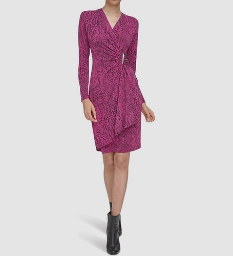 ACNE STUDIOS Abito donna Calvin Klein viola stampato oro barra a V increspato scollo a V taglia 16