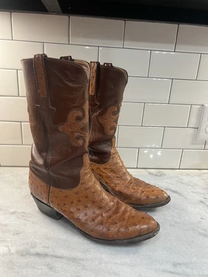 Vintage 90s Lucchese Cognac Tan Ostrich Goat Roper Cowboy Boots Men’s 10 1/2 - Image 1 of 4
