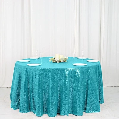 120" Turquoise SEQUIN ROUND TABLECLOTH Wedding Party Catering Reception Linens - Image 1 of 4