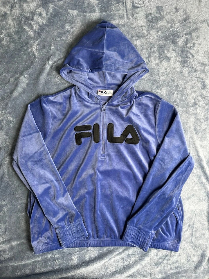 Jaqueta de aquecimento Fila masculina XXL veludo quarto de zíper com capuz azul - Imagem 1 de 4