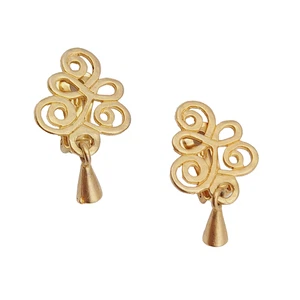 Vintage Open Work Clip on Earrings Matte Gold Plated Dangle 1.5 in - Picture 1 of 9