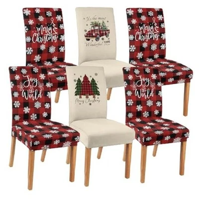 Christmas Chair Covers Set of Red Plaid Christmas Tree Truck Dining 6 Buffalo - Image 1 of 4