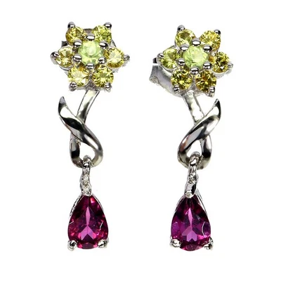 925 Sterling Silver Earrings Pear Rhodolite Peridot Sapphire Gemstone Jewelry - image 1 of 4