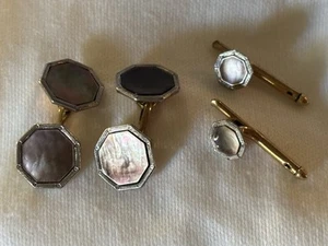 Camisa Esmoquin Krementz Vintage Tachuelas y Gemelos Lleno de Oro 14k y Abulón - Imagen 1 de 8