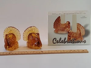 2002 Celebrations 3" Pair of Amber Candleholders Turkeys In Original Box EUC - Picture 1 of 12