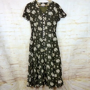 Betty Barclay Dress Womens 38 Green Ethnic Elephant Print Linen Blend Button VTG - Picture 1 of 15