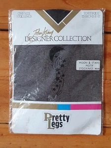 Vintage Pretty Legs John King Moon & Stars Nylon Stockings 1980s - 11 Black - Picture 1 of 3