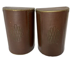 Vintage Tooled Brown Leather Half Circle Bookends Gold Trim Felt Base - Picture 1 of 13