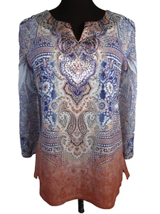 JM Collection Paisley Jeweled VNeck Tunic Top Purple Orange White Petite Med - Picture 1 of 15