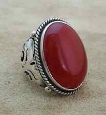 Solid 925 Sterling Silver Red Italian Coral Oval Gemstone Huge Men's Unisex Ring