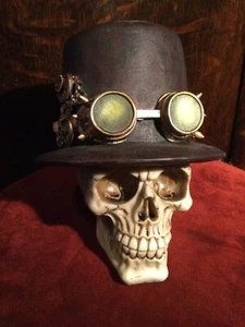 SKULL & TOP HAT WITH AVIATOR GOGGLES COSPLAY BIKER STEAMPUNK - Picture 1 of 10