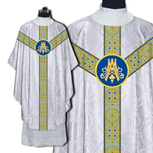 White Gothic Chasuble Vestment with Marian Embroidery motif and stole - Picture 1 of 6