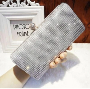 Grande Plata Ostentoso Diamante Cristal Bolso de Noche Bolso de Noche Bolso de Embrague Fiesta Baile de graduación - Imagen 1 de 1