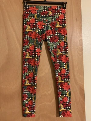 Lularoe OS Navidad Leggings Adornos Floral Flor Flor Flor Flor Tela Escocesa Vintage Rojo Foto 1 de 4