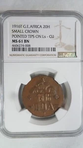 German East Africa 20 Heller, 1916 T, Small Crown-Pointed tips, NGC MS 61 BN - Picture 1 of 5