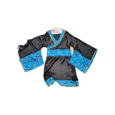 Japanese Costume Satin Dress Blue Floral M/L Kimono Geisha  - Image 1 of 4