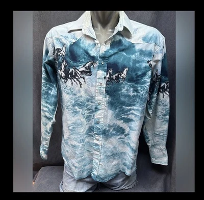 Vtg Wrangler Pearl Snap Western Shirt "Stormy Waters" Running Horses XL Read - Image 1 of 4