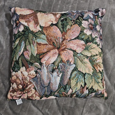 LuTex Gobelin Floral Tapestry Throw Pillow Germany Vintage Peony Flowers 14"x14" - Image 1 of 4