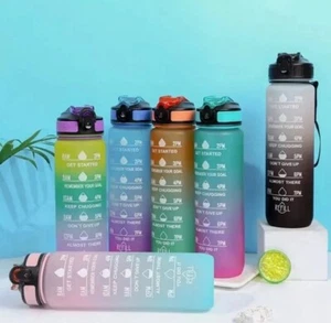 32oz Motivational Water Bottle w/ Straw & Time Marker | Gradient, Leakproof, BPA - Picture 1 of 11