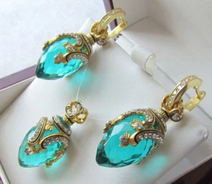 AQUAMARINE EARRINGS & PENDANT SET HANDMADE RUSSIAN SOLID STERLING SILVER 925 - Picture 1 of 7