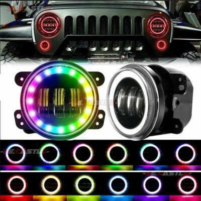 Proyector de luces antiniebla LED de 4 pulgadas anillo halo RGB para Jeep Wrangler JK/JL/JT Dodge Foto 1 de 4