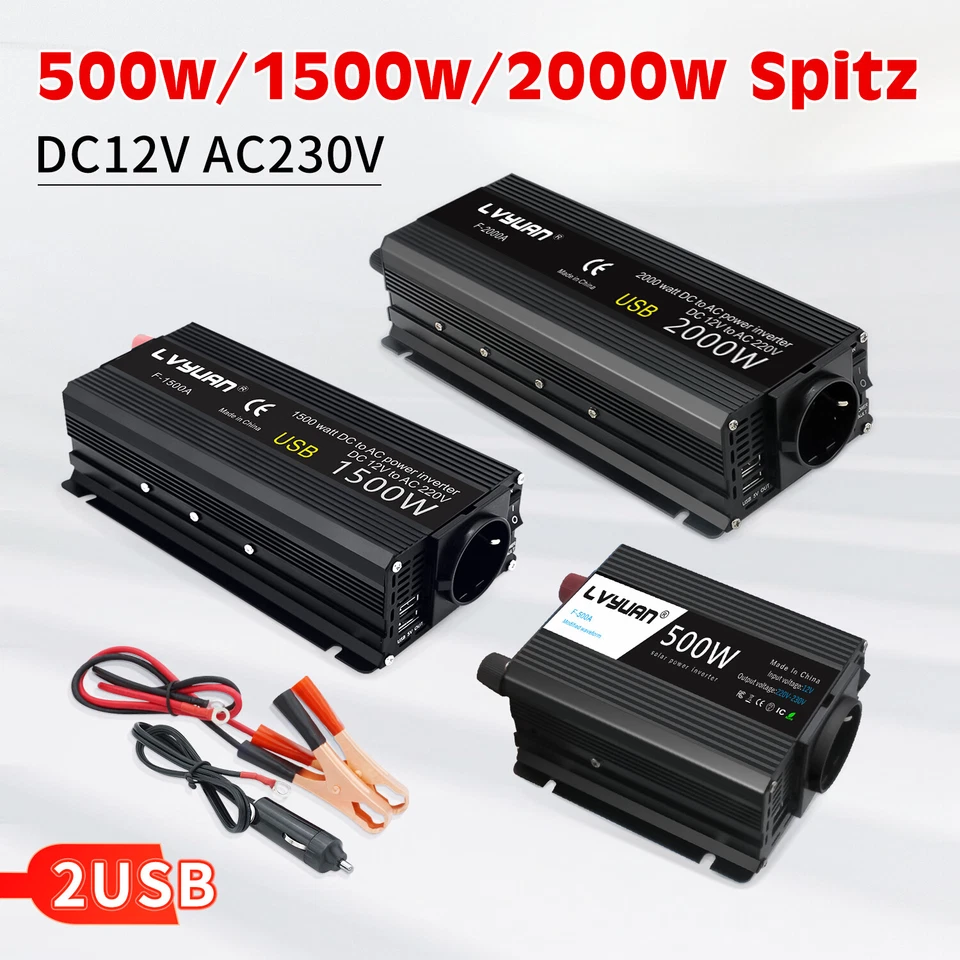 LVYUAN Auto 500W 1500W 2000W Spitze Wechselrichter 12V auf 230V Spannungswandler 2USB