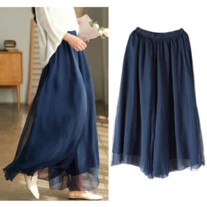 Women Chiffon Pleated Wide-Leg Trousers Puffy Skirt Pants OL Culottes Tutu New @ - Picture 1 of 18