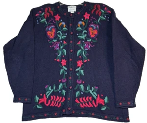 Women's L Blue Cardigan Sweater Van Heusen for Her Hand Embroidered Rare Find - Picture 1 of 19
