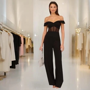 🗳️Black Bustier Jumpsuit Sweetheart Off-the-Shoulder Wide Leg, Mesh & Crepe - Picture 1 of 7