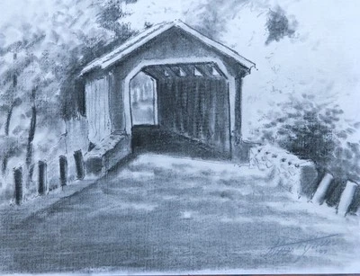 '97 Оригинальный Угольный Рисунок Стюарт Джонс Ланкастер Cty PA Крытый Мост Страсбург - Изображение 1 из 3