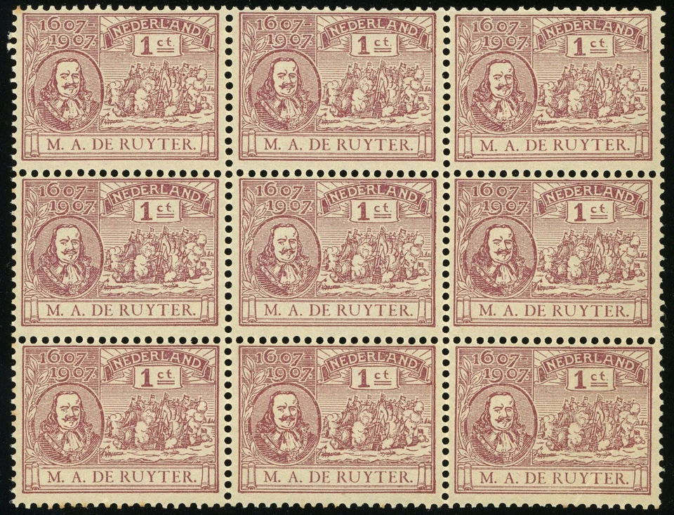 Netherlands #88 Admiral Michiel de Ruyter Block of 9 Stamps 1c Postage 1907 MNH - Image 1 of 1