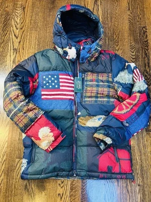 $398!Polo Ralph Lauren Country American Patchwork Flag Down Puffer Jacket Medium - Image 1 of 4