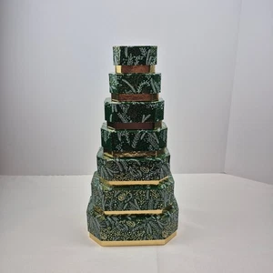 Deko Stapel Geschenkboxen 6er Set grün gold Blumen verschachtelt Weihnachten Verpackung - Bild 1 von 13