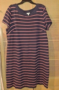 Talbots Women's 2X Navy Blue Pink Stripe Cotton Knit Short Sleeve Shift Dress - Picture 1 of 6