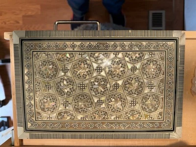 VTG Egyptian Inlaid Abalone Mother Of Pearl Wood Trinket  Jewelry Box 11”X7”X3” - Image 1 of 4