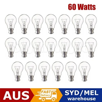 20 x 60W Incandescent Light Globes Bulbs B22 Bayonet Warm White Dimmable Clear - image 1 of 4