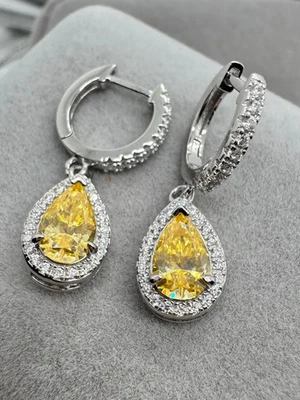 3Ct Pear Lab Created Yellow Citrine Drop Dangle Earrings 14K White Gold Plated - Image 1 of 4