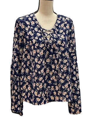 Пышная женская блузка верхний размер большой синий цветочный принт плиссированные v-образным вырезом богемное  - Изображение 1 из 4