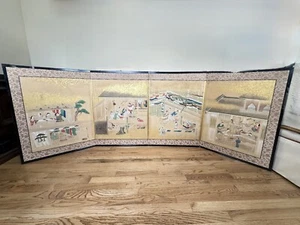 Antique Japanese Watercolor Story Painting Folding Screen, 87" x 30" - Picture 1 of 23