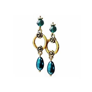Earrings rose hoop teal green pearl and crystal drop, choose clip on or pierced - Picture 1 of 4