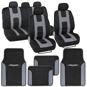 Complete Set Car Seat Covers and 2 Tone Vinyl Mats Black / Gray Front and Rear