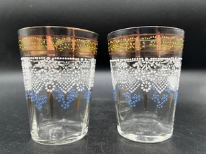 Victorian-A Pair Of Clear w/White, Yellow & Blue Optic Design Glass Tumbler - Picture 1 of 13