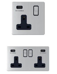 Screwless Satin Chrome 1G /2G Socket w/ USB Charging Ports Outlets Points - Picture 1 of 3
