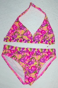 GIRLS 2 Pc Bikini Swimsuit PINK Camo Love Peace Sign Medium 7-8 - Picture 1 of 2