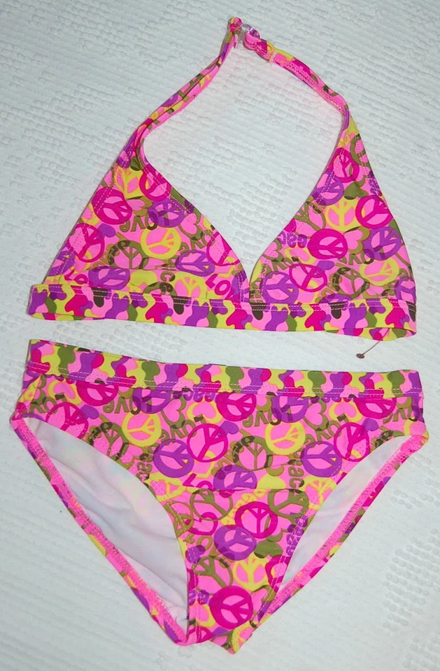 GIRLS 2 Pc Bikini Swimsuit PINK Camo Love Peace Sign Medium 7-8 - Image 1 of 2